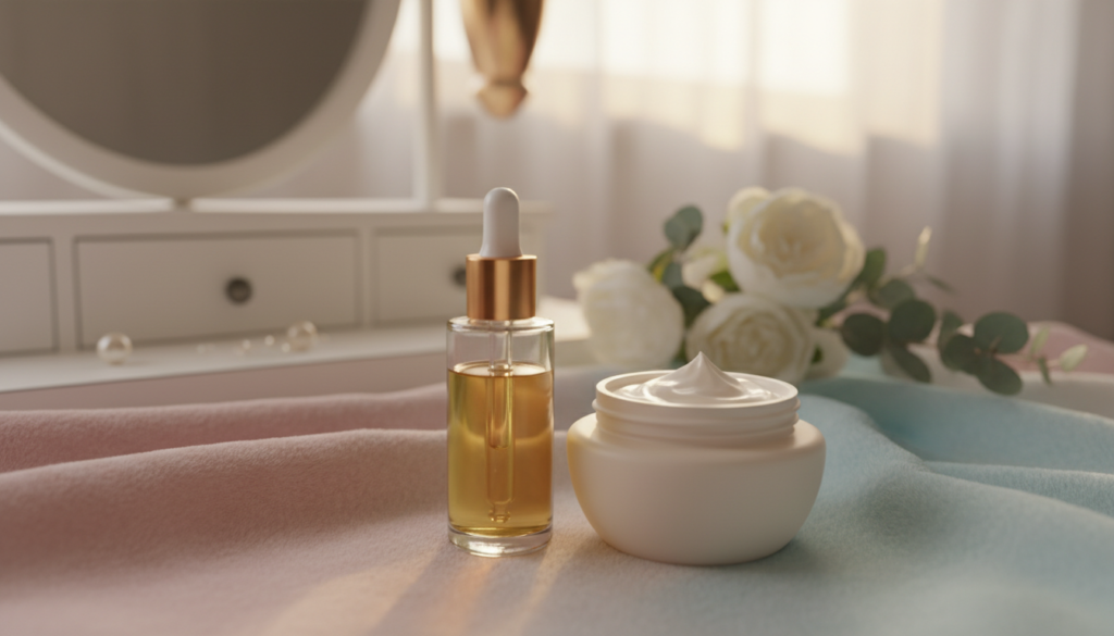 A close-up, beautifully arranged display of skincare products, focusing on a serum and a cream. In the foreground, a sleek, glass serum bottle with a dropper and a luxurious cream jar, both radiant and inviting. The middle ground features soft, textured fabric in pastel colors, enhancing the beauty products. In the background, a blurred but elegant vanity setting, adorned with delicate flowers and soft greenery. The lighting is soft and warm, creating a serene and inviting atmosphere, emphasizing the products' nourishing qualities. The angle is slightly elevated to give a panoramic view, showcasing the elegance of the skincare items, while invoking curiosity about their benefits against a peaceful, harmonious background.