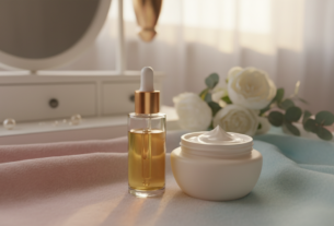 A close-up, beautifully arranged display of skincare products, focusing on a serum and a cream. In the foreground, a sleek, glass serum bottle with a dropper and a luxurious cream jar, both radiant and inviting. The middle ground features soft, textured fabric in pastel colors, enhancing the beauty products. In the background, a blurred but elegant vanity setting, adorned with delicate flowers and soft greenery. The lighting is soft and warm, creating a serene and inviting atmosphere, emphasizing the products' nourishing qualities. The angle is slightly elevated to give a panoramic view, showcasing the elegance of the skincare items, while invoking curiosity about their benefits against a peaceful, harmonious background.