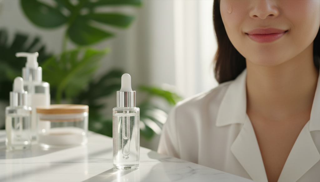A close-up of a lightweight facial serum being applied to a model's cheek, showcasing a smooth, dewy texture. The serum is in a stylish dropper bottle, elegantly set on a marble countertop, with soft, natural light reflecting off the glass. In the background, a blurred assortment of skincare products and lush green plant leaves create a serene and refreshing atmosphere. The model, dressed in a simple white blouse, has a glowing complexion and is smiling gently, evoking a sense of calm and rejuvenation. Capture the essence of skincare and self-care in a harmonious, inviting setting, using a shallow depth of field to emphasize the serum's delicate consistency and the model's radiant skin.