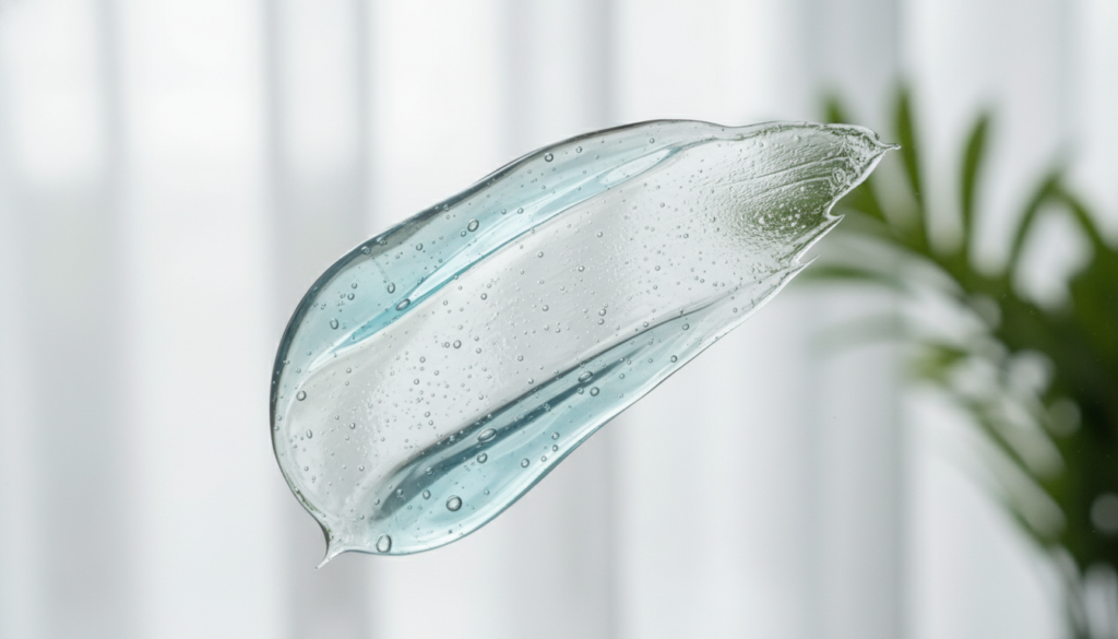 A close-up shot of a smooth, light-blue gel moisturizer spreading smoothly on a transparent glass surface. The gel has a slightly reflective quality, showcasing its jelly-like texture with tiny water droplets and bubbles trapped within, giving it a refreshing and hydrating appearance. In the background, soft, diffused natural light filters through a sheer curtain, creating a serene and calming atmosphere. The setting includes hints of green plant leaves, suggesting a connection to nature and freshness. Capture the essence of hydration and skincare by emphasizing the delicate texture and glistening surface of the gel, conveying a sense of coolness and rejuvenation. Use a high-end macro lens to focus on the details, ensuring a clean, minimalist composition without any distractions.