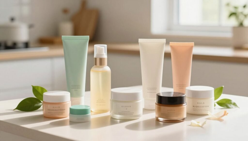 A visually appealing display of several budget-friendly facial moisturizers arranged aesthetically on a clean, light-colored surface. In the foreground, a variety of small, colorful jars and tubes, showcasing diverse textures and packaging designs, from sleek modern styles to vintage containers. In the middle ground, a few natural elements like fresh green leaves and gentle flower petals softly complement the beauty products, enhancing the organic feel. The background features a soft-focus, neutral-tone kitchen or vanity, lit by warm, natural daylight cascading through a nearby window, creating an inviting and serene atmosphere. The composition conveys a sense of accessibility and beauty, inviting the viewer to explore affordable skincare options.