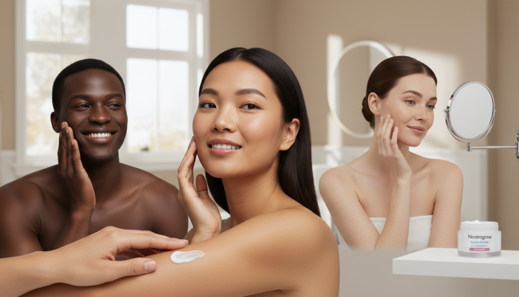 A visually engaging composition showcasing compatibility with different skin types, featuring a diverse group of individuals with varying skin tones and textures. In the foreground, display a close-up of a hand applying Neutrogena Hydro Boost moisturizer on a woman with olive skin, showcasing the product’s creamy texture. In the middle ground, show another individual with darker skin happily touching their face, while someone with fair skin examines their reflection in a mirror. The background should feature a softly lit bathroom environment, enhancing a serene and clean atmosphere with neutral colors. Natural light floods the scene from a window, creating gentle shadows to add depth. The mood is inviting and informative, suitable for a skincare discussion.