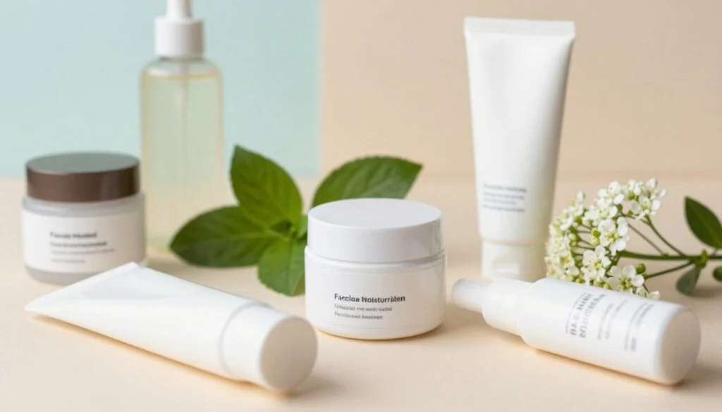 A beautifully arranged flat lay showcasing a selection of affordable, effective facial moisturizers. In the foreground, display a variety of aesthetically pleasing moisturizers in stylish, modern packaging, some with minimalist labels, emphasizing accessibility and cost-effectiveness. In the middle, include fresh green leaves and delicate flowers to symbolize natural ingredients, adding a fresh feel to the composition. The background should feature soft, pastel colors to create a serene atmosphere, evoking a sense of calm and confidence in choosing budget-friendly skincare solutions. The lighting should be bright and natural, highlighting the textures of the creams and the freshness of the botanical elements, captured with a shallow depth of field to keep the focus on the products while gently blurring the background. Hidratante Facial para Pele Oleosa: Como Escolher sem Pesar na Pele