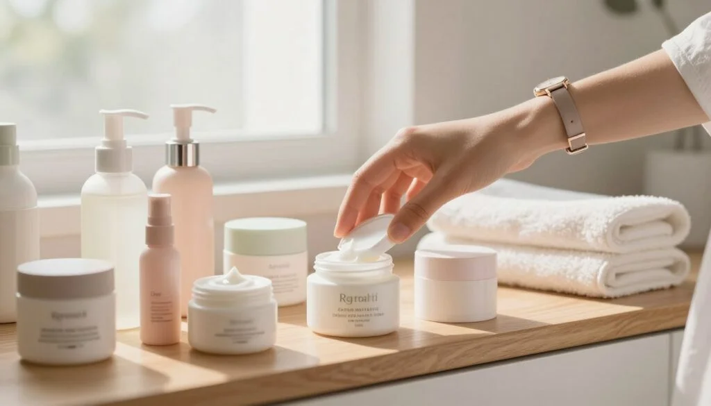 A serene bathroom setting showcasing a variety of affordable facial moisturizers. In the foreground, a wooden vanity with neatly arranged jars and bottles of cream, some slightly open to reveal creamy textures. The middle layer features a soft, inviting hand reaching for one of the moisturizers, adorned with a stylish watch, signifying elegance and practicality. The background is softly blurred, displaying fluffy towels and natural light streaming through a frosted window, creating a warm, inviting atmosphere. The color palette consists of soft pastels, enhancing the calming mood. The scene captures an essence of tranquility and self-care, ideal for finding great deals and savings in skincare. Hidratante Facial para Pele Oleosa: Como Escolher sem Pesar na Pele