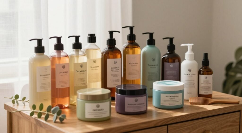 A beautifully arranged display of essential hair care products for a capillary schedule, including bottles of shampoo, conditioner, hair masks, and serums. In the foreground, a variety of colorful, eye-catching containers with labels showcasing their benefits. The middle ground features a wooden vanity top adorned with a delicate plant and a comb, enhancing the cozy feel. In the background, soft natural light filters through a sheer curtain, creating a calm and inviting atmosphere. The overall mood is harmonious and serene, with a focus on self-care and nurturing hair health. Shot with a shallow depth of field from a slightly elevated angle, giving a professional and aesthetically pleasing perspective.