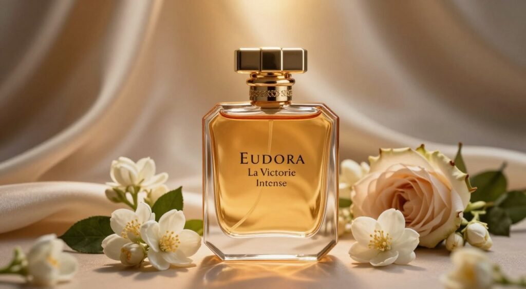 A beautifully arranged display of the "Eudora La Victorie Intense" perfume bottle, set against an elegant, softly lit background. The bottle is the focal point in the foreground, showcasing its sleek curves and luxurious details, with a rich amber liquid inside that glimmers under ambient lighting. Surrounding the bottle are delicate, fragrant blossoms like jasmine and rose, symbolizing the perfume's notes, creating an inviting atmosphere. In the background, silky fabric drapes gently, enhancing the opulence of the scene, while a subtle golden aura plays softly around the composition. The overall mood is sophisticated and alluring, perfect for conveying the essence of longevity and fixation on the skin, capturing the viewer's attention with its rich colors and textures, emphasizing the luxurious experience of the fragrance without any distractions.