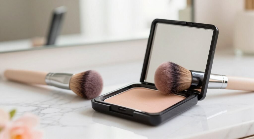 A close-up shot of a Maybelline Fit Me Compact Powder compact, elegantly opened to reveal the powder inside. The foreground features the compact on a sleek marble vanity, with soft pastel colors of blush and beige. In the middle ground, a fluffy makeup brush leans against the compact, its bristles gently touching the powder. In the background, a softly blurred vanity mirror reflects diffused natural light, creating a warm, inviting atmosphere. Enhance the scene with delicate floral accents subtly placed nearby. The overall mood is fresh and sophisticated, ideal for showcasing a beauty product. Use a shallow depth of field to keep the focus on the compact powder while maintaining an aesthetic balance. A close-up shot of a Maybelline Fit Me Compact Powder compact, elegantly opened to reveal the powder inside. The foreground features the compact on a sleek marble vanity, with soft pastel colors of blush and beige. In the middle ground, a fluffy makeup brush leans against the compact, its bristles gently touching the powder. In the background, a softly blurred vanity mirror reflects diffused natural light, creating a warm, inviting atmosphere. Enhance the scene with delicate floral accents subtly placed nearby. The overall mood is fresh and sophisticated, ideal for showcasing a beauty product. Use a shallow depth of field to keep the focus on the compact powder while maintaining an aesthetic balance.