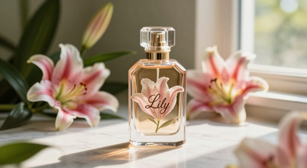 A luxurious bottle of "Lily" perfume, elegantly designed with a delicate, floral motif, sits on a marble surface. The background features softly blurred lush green leaves and vibrant lily flowers, creating a serene, tropical ambiance. Gentle sunlight streams through a nearby window, casting warm, inviting glows and soft shadows that highlight the perfume's glossy surface. The composition is shot from a slightly elevated angle to capture the intricate details of the bottle, evoking an air of sophistication and allure. The overall mood is tranquil and refreshing, perfectly reflecting the essence of a floral fragrance.