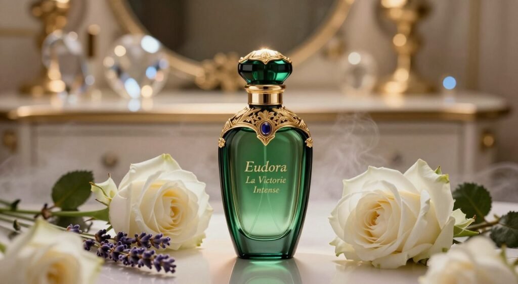 A luxurious, elegant perfume bottle titled "Eudora La Victorie Intense" stands prominently in the foreground, crafted from deep emerald glass with intricate gold detailing. The bottle is surrounded by blooming white roses and delicate lavender sprigs, symbolizing the fragrance's floral essence. In the middle ground, soft, warm lighting creates a dreamy atmosphere, highlighting the bottle's glimmer against a subtle, blurred backdrop of a softly lit vanity adorned with shimmering crystals and gold accents. A hint of ethereal mist swirls around the scene, enhancing the allure of the fragrance. The image exudes a mood of sophistication and indulgence, ideal for conveying the intense and captivating nature of the scent without any distracting elements like text or watermarks.