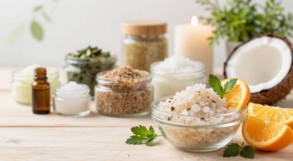 A serene and inviting spa setting showcasing the benefits of a facial scrub. In the foreground, a delicate glass bowl filled with a natural exfoliating scrub made from ingredients like sugar, coconut oil, and essential oils, adorned with fresh herbs and citrus slices for a vibrant touch. In the middle ground, a neatly arranged assortment of various scrub containers, highlighting their natural ingredients and textures, displayed artfully on a wooden table. In the background, soft, diffused lighting creates a calming atmosphere, with plants and candles adding to the soothing ambiance. The image captures the essence of self-care and skincare luxury, inviting the viewer to explore the rejuvenating effects of facial exfoliation. Bright, natural colors enhance the freshness and warmth of the scene. 10 Esfoliantes Faciais Bons e Baratos