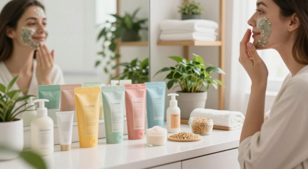 A serene bathroom setting featuring a well-lit vanity table with various facial exfoliants neatly arranged. In the foreground, a smiling woman in modest casual clothing gently applies an exfoliating scrub to her face with graceful motions. The middle ground showcases a colorful assortment of scrubs in attractive packaging, alongside natural ingredients like sugar and grains, emphasizing the selection of affordable products. The background consists of soft, blurred shelves filled with lush plants and soft towels, creating a calming atmosphere. The lighting is bright and natural, simulating daylight to enhance the colors of the scrubs. The overall mood is inviting, informative, and focused on self-care. A serene bathroom setting featuring a well-lit vanity table with various facial exfoliants neatly arranged. In the foreground, a smiling woman in modest casual clothing gently applies an exfoliating scrub to her face with graceful motions. The middle ground showcases a colorful assortment of scrubs in attractive packaging, alongside natural ingredients like sugar and grains, emphasizing the selection of affordable products. The background consists of soft, blurred shelves filled with lush plants and soft towels, creating a calming atmosphere. The lighting is bright and natural, simulating daylight to enhance the colors of the scrubs. The overall mood is inviting, informative, and focused on self-care.