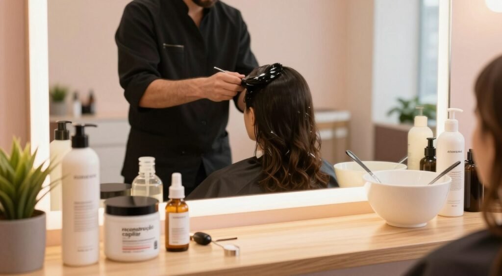 A serene beauty salon interior featuring a close-up view of a hair treatment setup for "reconstrução capilar." In the foreground, display a wooden countertop with neatly arranged hair care products, including a reconstructive mask, serum, and a mixing bowl, all elegantly illuminated by soft, warm lighting. In the middle, a stylist in professional attire is skillfully applying the treatment to a client's hair, showcasing a focus on precision and care. The background captures a cozy salon ambiance, with soft, pastel-colored walls and plants enhancing the refreshing atmosphere. The overall mood should convey a sense of relaxation and rejuvenation, highlighting the importance of proper hair care.