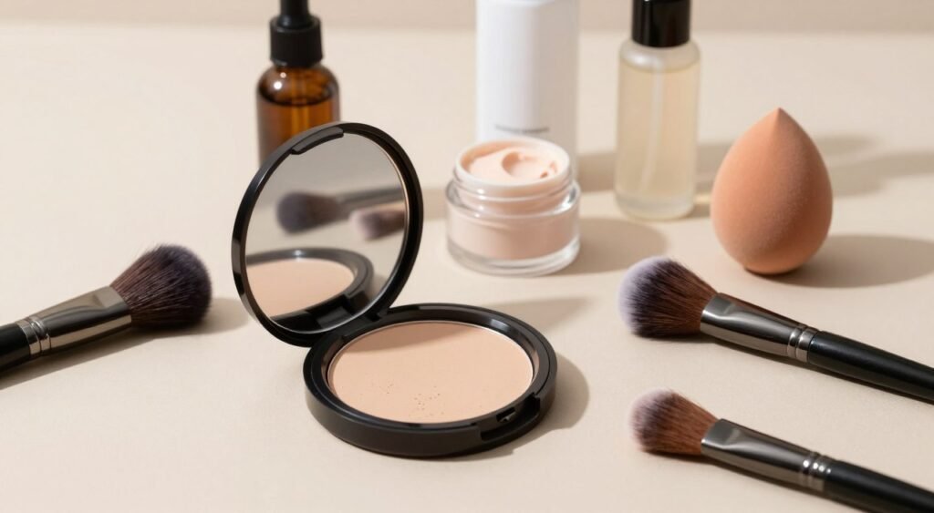 A sophisticated flat lay composition showcasing the best compact powder for oily skin. In the foreground, prominently feature a high-quality compact powder with a sleek design, open to reveal its pressed powder. Surround it with complementary beauty tools like a makeup brush and a beauty blender, all arranged on a smooth, neutral-toned surface. In the middle ground, add small jars of various setting sprays and makeup removers for context. The background should have subtle hints of soft lighting, casting delicate shadows to enhance the mood of elegance and professionalism. Ensure the setting is clean and minimalist, with no clutter, evoking a serene and organized atmosphere, ideal for skincare and makeup enthusiasts. A sophisticated flat lay composition showcasing the best compact powder for oily skin. In the foreground, prominently feature a high-quality compact powder with a sleek design, open to reveal its pressed powder. Surround it with complementary beauty tools like a makeup brush and a beauty blender, all arranged on a smooth, neutral-toned surface. In the middle ground, add small jars of various setting sprays and makeup removers for context. The background should have subtle hints of soft lighting, casting delicate shadows to enhance the mood of elegance and professionalism. Ensure the setting is clean and minimalist, with no clutter, evoking a serene and organized atmosphere, ideal for skincare and makeup enthusiasts.