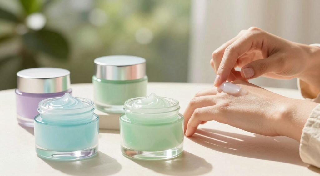 A beautifully arranged display of various gel moisturizers in elegant glass containers, showcasing different textures and colors. The foreground features three distinct gel moisturizers—one translucent aqua, one light green, and one pale lavender—each in sleek, modern jars with silver lids. In the middle, a gentle hand, dressed in a soft beige, is delicately applying one of the gels onto an elegantly manicured wrist, emphasizing hydration. The background consists of a soft-focus, natural setting with blurred greenery and bright sunlight filtering through, conveying a fresh and soothing atmosphere. Soft shadows emphasize the luxurious quality of the products, while a warm glow suggests a feeling of comfort and rejuvenation, perfect for skincare enthusiasts.