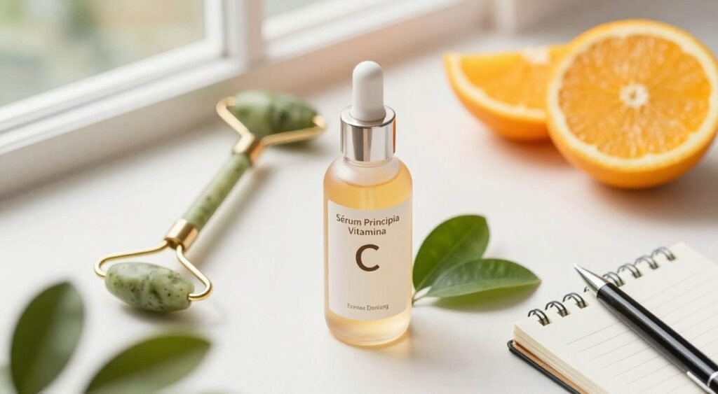 A beautifully arranged flat lay featuring the "Sérum Principia Vitamina C" prominently displayed at the center. Surrounding the serum, include various skincare-related elements such as a jade roller, natural ingredients like orange slices and green leaves, and a small notepad with a pen, indicating thoughtful consideration and attention to skincare. The background should be softly blurred, hinting at a bright, airy bathroom with natural light filtering through a window, creating a fresh and lively atmosphere. Use warm, inviting tones to evoke a sense of care and wellness. The shot should be from a top-down angle, emphasizing the composition and details surrounding the serum, while ensuring a clean and professional look without distractions.