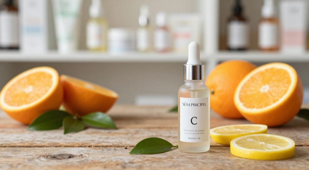 A beautifully arranged flat lay of a bottle of Sérum Principia Vitamin C, featuring the product prominently in the foreground. Surrounding the serum are fresh oranges and lemon slices to symbolize the vitamin C source, along with delicate green leaves for a natural touch. In the middle ground, a rustic wooden table complements the scene, enhancing the organic feel. The background should have a soft-focus effect, perhaps a blurred shelf displaying other skincare products, hinting at a shopping context. Soft, warm lighting creates an inviting atmosphere, highlighting the serum’s sleek design. A shallow depth of field draws attention to the product while creating a calming and professional mood, ideal for an informative article.