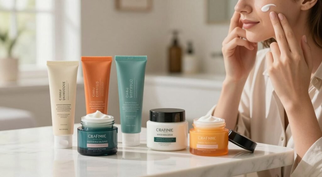 A beautifully arranged tabletop scene featuring several jars and tubes of anti-aging creams, each with colorful, attractive packaging. In the foreground, a well-groomed person gently applying some cream to their cheek, dressed in elegant but casual attire, demonstrating the correct technique. The middle of the scene showcases the various cream containers, highlighting their textures and labels, while some open jars reveal creamy interiors. The background features a softly blurred warm-toned bathroom setting with natural light filtering through a window, creating a serene atmosphere. The overall mood is fresh and inviting, encouraging a sense of effective skincare routine. Shot with a shallow depth of field to emphasize the creamy textures and the act of application.