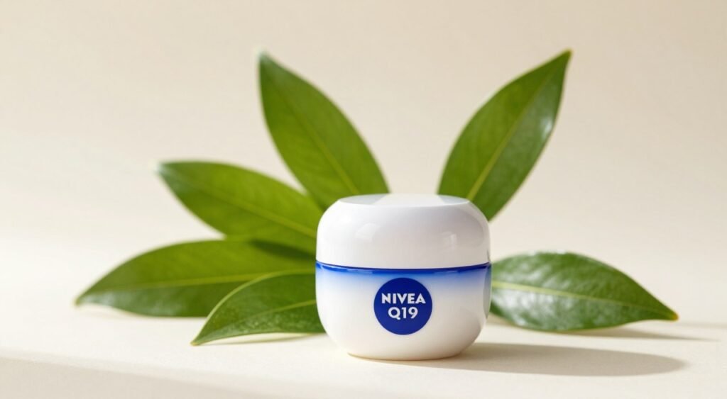 A clean and elegant product display featuring Nivea Q10 Eye Cream prominently in the foreground. The eye cream container is round, with a sleek white and blue design, reflecting a sense of freshness and quality. Soft natural lighting illuminates the product, creating gentle highlights and shadows that bring out its features. In the middle ground, include a few delicate and fresh green leaves to symbolize natural ingredients, arranged artistically around the cream to enhance its appeal. The background is a softly blurred light color, evoking a calm and soothing atmosphere, suggesting relaxation and skincare. The overall mood is serene and inviting, perfect for highlighting the benefits of Nivea Q10 Eye Cream.