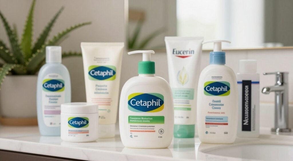 A clean, professional product display featuring Cetaphil moisturizer in the foreground, surrounded by comparable skincare products from various popular brands like Neutrogena and Eucerin. Each product should be clearly labeled but without any text on the image itself. The middle ground features a soft, elegant bathroom setting with a subtle hint of greenery, such as a fern or aloe plant, adding a refreshing touch. The background should have a warm, inviting light coming from a nearby window, creating a natural ambiance. Use a shallow depth of field to emphasize the Cetaphil product while softening the other products. The mood is informative and inviting, perfect for a skincare comparison article.