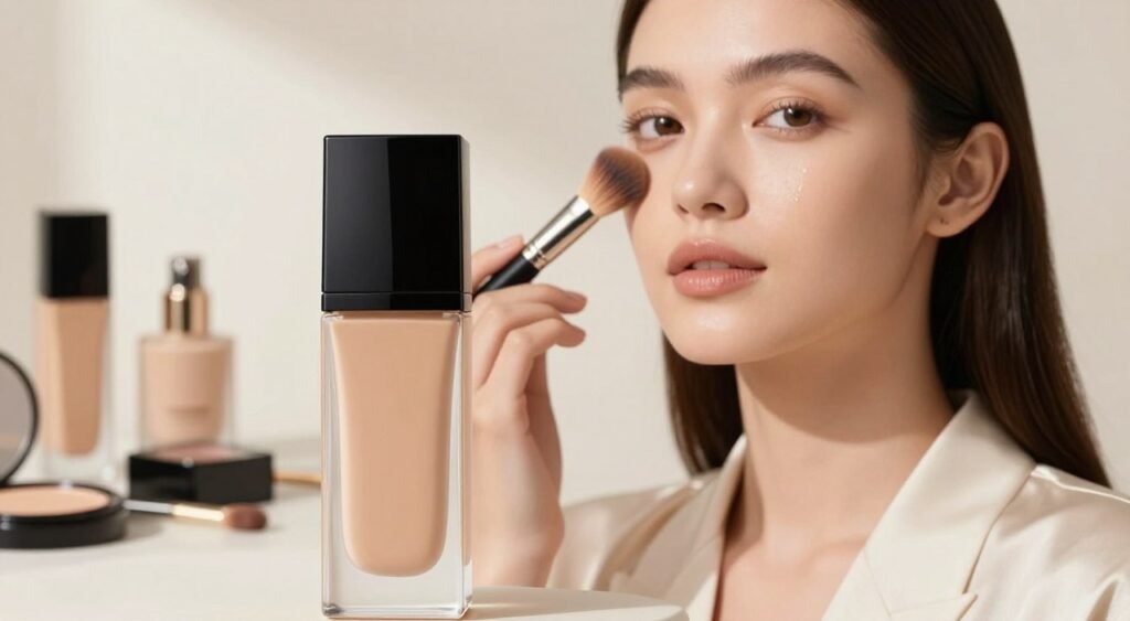 A close-up composition featuring a high-quality foundation suitable for oily skin, elegantly displayed in a glass bottle with a sleek design. The foreground showcases the foundation bottle with a matte finish, reflecting soft natural light that highlights its smooth texture. In the middle, a flawless model with a glowing, healthy complexion applies the foundation to her face using a makeup brush, dressed in a chic, professional blouse. The background is softly blurred, decorated with soft-focus cosmetics and skincare products that hint at a beauty routine. The overall atmosphere should be fresh and sophisticated, evoking feelings of confidence and elegance, with warm, inviting lighting that enhances the skin's appearance.