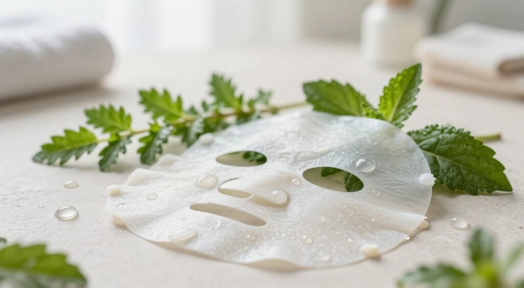 A close-up image of a Vichy Minéral 89 hydrating sheet mask infused with hyaluronic acid. The mask is displayed prominently in the foreground, its textured surface glistening with moisture. Surrounding it, ingredients such as glistening droplets of hyaluronic acid and fresh green botanical elements are artfully arranged in the middle, creating a sense of vitality and freshness. The background features a soft-focus, light-colored spa setting, with gentle natural light filtering in, creating a serene and refreshing atmosphere. The image exudes a calming, rejuvenating mood, perfect for conveying hydration and skincare benefits, shot at eye level with a shallow depth of field to emphasize the mask and its benefits.
