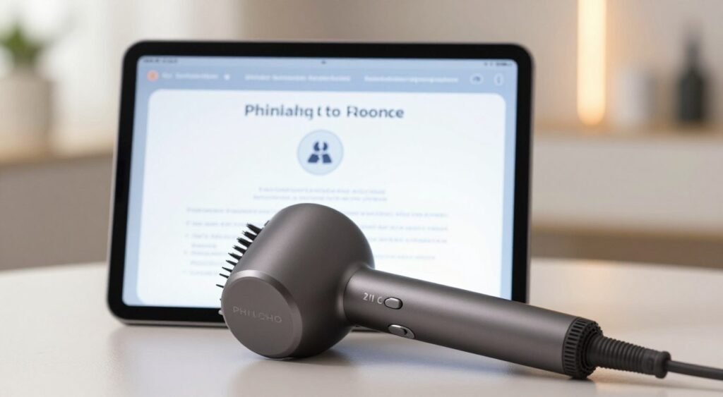 A close-up of the Philco Soft Brush hair dryer, elegantly displayed on a sleek electronic support tablet showcasing warranty information. The foreground features the brush with its unique bristles and ergonomic handle, highlighting its design and functionality. In the middle ground, the tablet screen glows softly, displaying a detailed warranty icon and technical support hotline, symbolizing reliable service. The background is softly blurred, featuring a modern, minimalistic home setting with subtle lighting to create a warm, professional atmosphere. The image should reflect a sense of trust and quality, capturing the essence of customer support. Use natural lighting with a focus on clarity, ensuring the image conveys a seamless and reassuring experience for users.