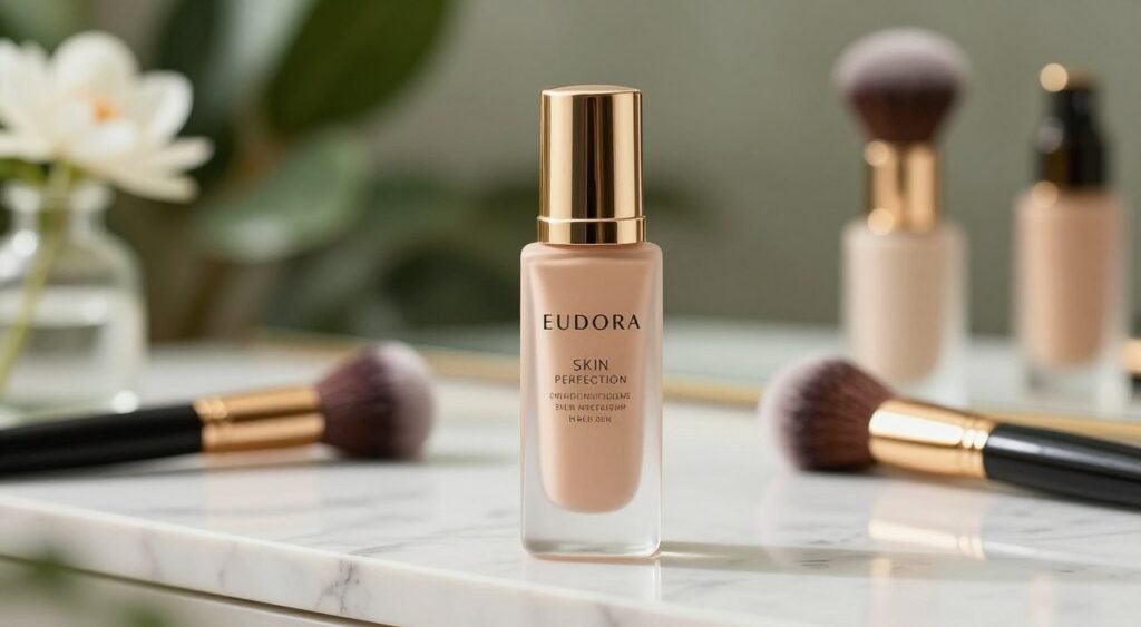 A close-up shot of the Eudora Skin Perfection foundation bottle, elegantly placed on a marble vanity. The background features soft-focus greenery, creating a serene and natural atmosphere. The foreground showcases the product prominently, with soft, diffused natural lighting highlighting its sleek, modern design. Surrounding the bottle are a few makeup brushes and a delicate flower in a small vase, suggesting a beauty routine setting. Capture the essence of serenity and luxury in the scene, using a shallow depth of field to emphasize the foundation while keeping the other elements subtly blurred. Aim for a warm, inviting mood that reflects the quality of the product.