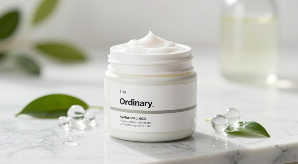 A close-up, well-lit image of a luxurious jar of The Ordinary Hyaluronic Acid hydrating facial mask for dry skin, placed elegantly on a marble countertop. The mask jar should feature a sleek, minimalist design with a label visible but devoid of text, showcasing its contemporary branding. Surrounding the jar, include scattered ingredients common in hydrating skincare like hyaluronic acid molecule structures, droplets of water, and soft green leaves for a fresh feel. The background should have a blurred, soft-focus effect, perhaps hinting at a serene spa-like environment with natural lighting, creating a calming and inviting atmosphere. The overall mood should be soothing and luxurious, emphasizing hydration and care for dry skin.