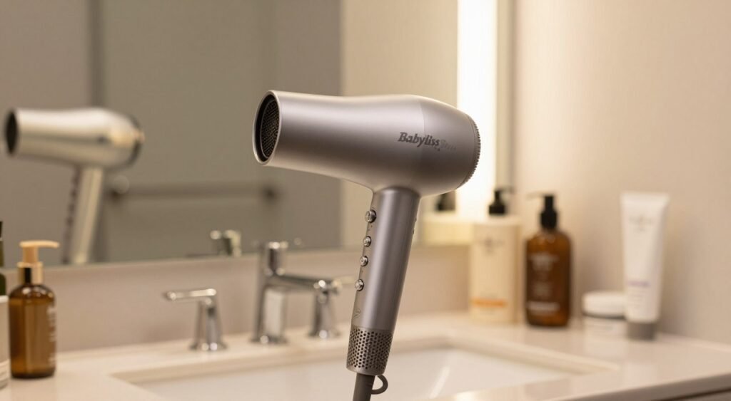 A professional Babyliss Pro Titanium hair dryer designed specifically for curly hair, prominently displayed in the foreground. The dryer is elegantly styled, showcasing its sleek titanium finish and multiple heat setting buttons. In the middle ground, a stylish bathroom vanity is visible, complete with a large mirror reflecting warm, soft lighting that highlights the textures of the hair dryer. Background elements may include neatly arranged hair care products like curl enhancers and styling creams, adding to the scene's aesthetic. The overall mood is inviting and cozy, suggestive of a pampering grooming routine. Use a soft focus lens to emphasize the hair dryer while creating a slightly blurred backdrop. There's no text, watermarks, or distracting elements to maintain the professional presentation.