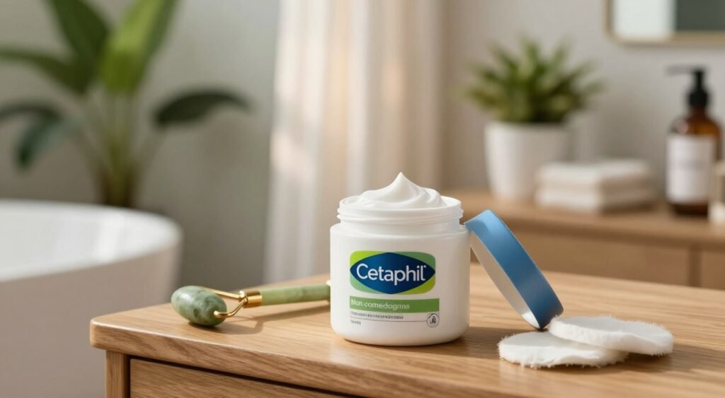 A serene and inviting skincare scene showcasing a non-comedogenic cream. In the foreground, a sleek, modern jar of Cetaphil moisturizer is elegantly positioned on a wooden vanity table, its lid slightly ajar to reveal the creamy texture inside. Surrounding the jar, soft, natural skincare tools like a jade roller and a cotton pad are artfully arranged. In the middle ground, a gentle light filters through a sheer curtain, casting a warm glow that enhances the cream's smooth consistency. The background features a soft-focus bathroom setting with lush green plants, reflecting a calming, spa-like atmosphere. The image should evoke a sense of purity and trust, emphasizing the cream's non-comedogenic qualities through its clean and minimalist aesthetic.