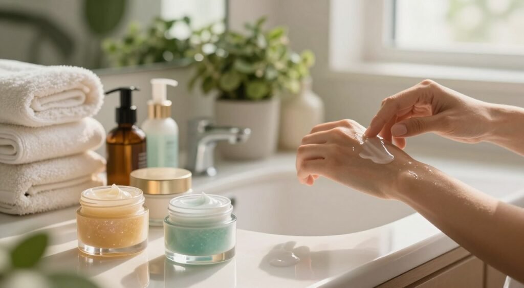 A serene bathroom setting showcasing a luxurious skincare routine focused on hydration. In the foreground, a beautifully arranged array of gel and cream moisturizers in elegant jars, with shimmering textures reflecting soft light. In the middle, a hand gently applying a hydrating gel to the wrist, showcasing the product's smooth, transparent consistency. The background features a softly lit vanity with green plants, creating a calm and refreshing atmosphere. A stack of plush towels adds a touch of luxury, while warm, natural light from a window casts soft shadows. The mood is tranquil and rejuvenating, inviting viewers to consider the importance of skincare. Ideal focus and depth of field emphasize the products and application technique.
