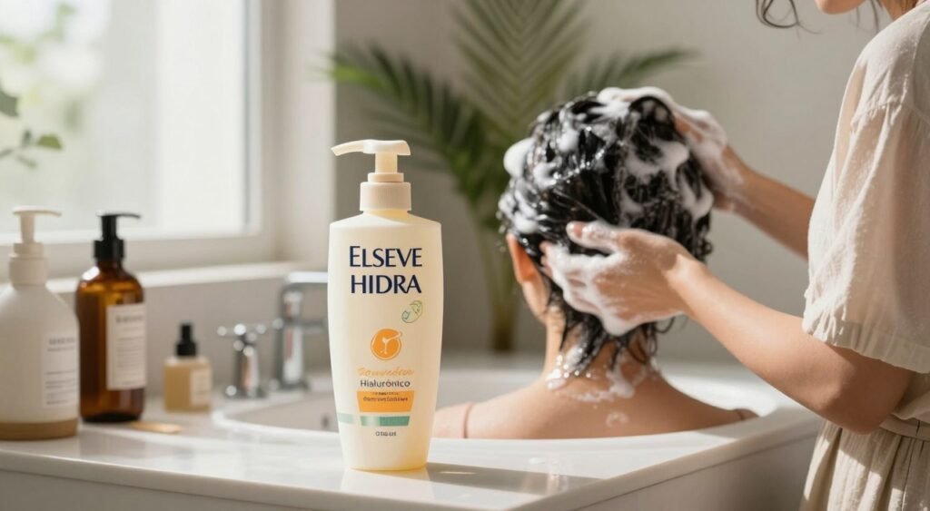 A serene bathroom setting showcasing a stylish vanity with a bottle of Elseve Hidra Hialurônico shampoo prominently displayed in the foreground. The shampoo bottle should be elegantly designed with a focus on its labeling and hydrating properties. In the middle ground, a person with healthy, shiny hair is applying the shampoo, dressed in modest casual clothing, demonstrating the washing process. Soft, natural light filters in through a frosted window, creating a warm and inviting atmosphere. In the background, subtropical indoor plants add a touch of freshness and a hint of tranquility, suggesting a relaxing self-care experience. The overall mood is calm and rejuvenating, evoking feelings of well-being and hair care.