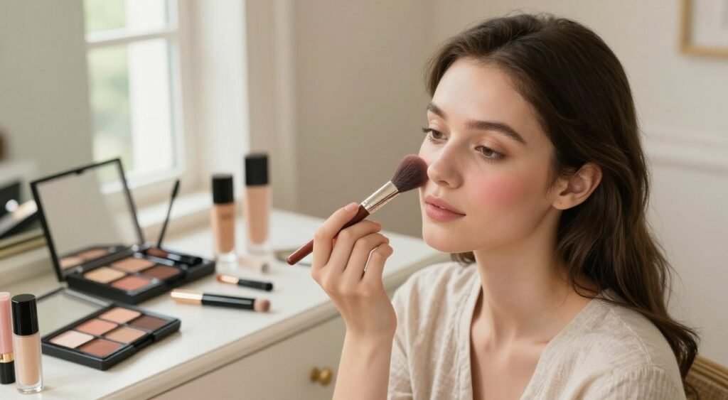 A serene beauty scene showcasing natural makeup for beginners. In the foreground, a young woman with a fresh, glowing complexion applies a gentle blush with a soft brush, her modest casual attire subtly complementing her look. The middle ground features a well-organized makeup kit with essential tools like a foundation, mascara, and lip balm, artistically arranged on a chic vanity. In the background, warm natural light filters through a window, creating an inviting atmosphere that enhances the calming mood of the scene. Capture the image from a slightly elevated angle, focusing on the woman’s technique, radiating a sense of confidence and simplicity, perfect for beginners learning to achieve a natural look.