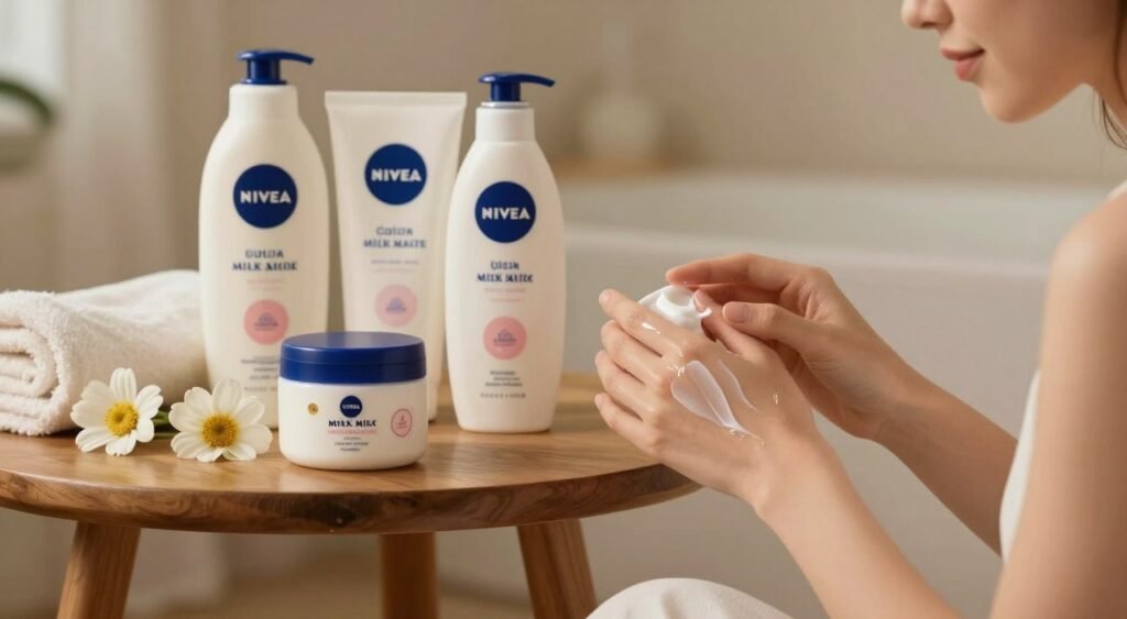 A serene indoor setting featuring a beautifully arranged display of Nivea Milk body moisturizer products, showcasing a variety of containers including jars and bottles. In the foreground, a soft-focus image of a woman's hands applying the cream to her skin, highlighting its rich texture and hydrating effect. In the middle ground, a small wooden table adorned with fresh flowers and a soft cotton towel, hinting at a spa-like atmosphere. The background should feature subtle, warm lighting that enhances the soothing ambiance, evoking feelings of relaxation and self-care. The scene should be inviting and visually capture the essence of beauty and health. The overall mood is calm, elegant, and focused on skincare results.