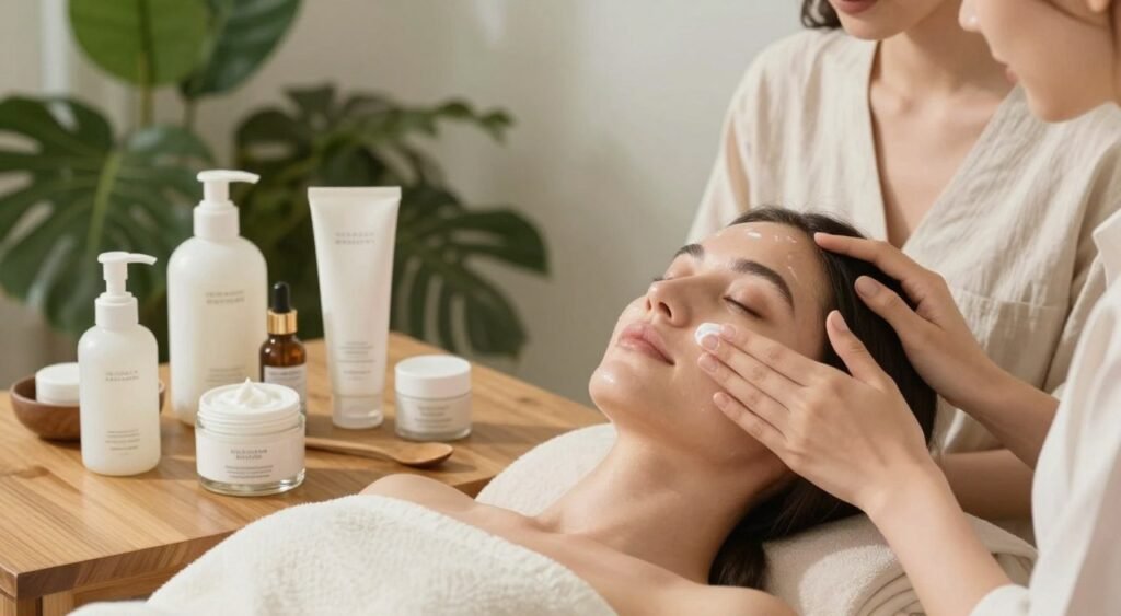 A serene spa-like atmosphere showcasing an elegant wooden table adorned with various anti-aging skincare products, including jars and tubes of creams, elegantly arranged. In the foreground, a pair of hands gently applying a cream to a model's face; the model is wearing modest casual clothing, with a calm and focused expression. Soft natural lighting illuminates the scene, enhancing the textures of the products and the model's skin, creating a warm, inviting ambiance. The background features lush greenery, suggesting a refreshing, rejuvenating environment. The overall mood is peaceful and empowering, emphasizing self-care and the efficacy of accessible anti-aging solutions.
