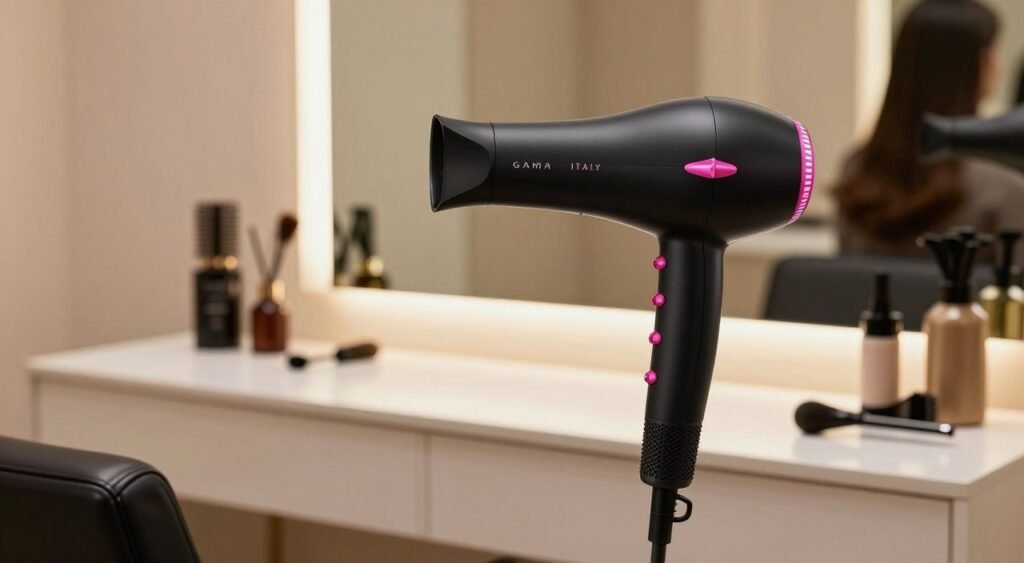 A sleek and modern professional hairdryer, the Gama Italy model, showcased prominently in the foreground. The hairdryer features a glossy black exterior with vibrant accents, displaying its ergonomic design and multiple heat settings. In the middle ground, a stylish vanity table with a large mirror reflects the hairdryer, surrounded by neatly arranged hair care tools, enhancing the beauty setting. The background captures a softly lit salon environment, with warm, inviting lighting to create a cozy atmosphere. Use a shallow depth of field to emphasize the hairdryer, while keeping the background slightly blurred. The overall mood conveys professionalism and luxury, ideal for a high-end hair care discussion.