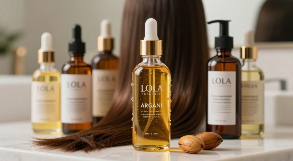 A sleek arrangement of various hair repair oils, featuring Argan oil from Lola Cosmetics prominently in the center. Surround it with competitor oil bottles elegantly displayed, showcasing diverse shapes and colors. The foreground should highlight the rich amber hue of the Argan oil, with droplets glistening on the bottle to emphasize quality. In the middle, incorporate lush, shiny hair as a subtle background element, hinting at the smoothing and nourishing effects of these oils. The background should be softly blurred, suggesting a luxurious bathroom setting with diffuse, warm lighting to create an inviting atmosphere. Use a close-up angle to focus on the details, ensuring the overall mood is professional and sophisticated, celebrating high-quality hair care products.