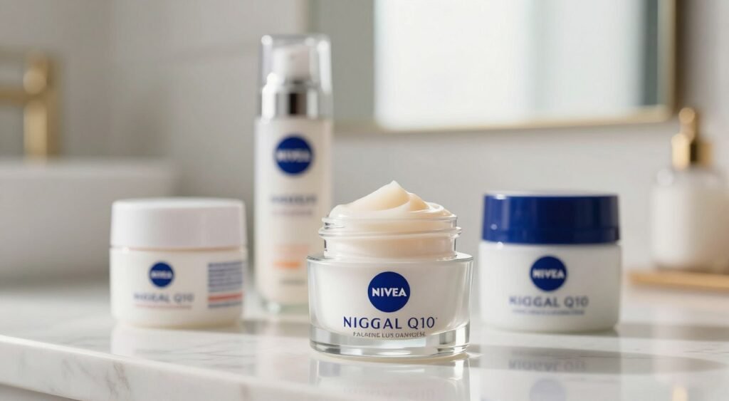 A sleek, modern eye cream product prominently displayed in focus at the foreground, showcasing the Nivea Q10 branding on the jar and packaging. The middle ground features a soft-focus arrangement of competing eye creams that represent similar products, creating a sense of comparison. In the background, a blurred, elegant bathroom setting with natural light streaming through a window, casting a gentle glow on the scene. The atmosphere is calm and refreshing, evoking a sense of skincare luxury. The image should capture the textures of the creams, highlighting their smooth consistency, with a subtle reflection on the surface they rest on. Use a macro lens effect to emphasize the details of the eye cream jar and create a professional and inviting mood.