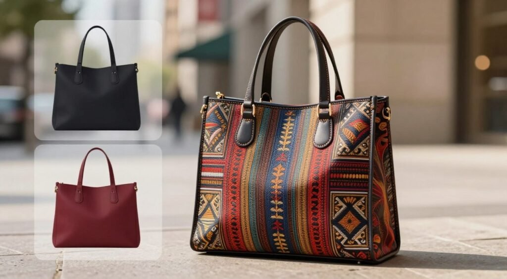A stylish and modern tote bag displayed prominently in the foreground, showcasing its unique design features like chic handles, intricate stitching, and a vibrant pattern. The tote is made of high-quality materials, reflecting a sense of luxury and practicality. In the middle ground, there are a few common mistakes illustrated, like a poorly chosen bag size and mismatched colors, represented by smaller, less appealing bag options. The background features a soft, blurred urban environment, slightly out of focus to emphasize the tote bag. The lighting is warm and natural, casting gentle shadows, creating a welcoming and professional atmosphere. The overall mood is informative yet visually appealing, perfect for guiding readers in their tote bag selection process.