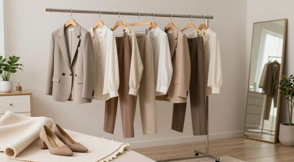 A stylish composition of elegant outfit combinations, featuring a well-organized display of various pieces including tailored blazers, chic trousers, and sophisticated blouses arranged on a minimalist clothing rack. In the foreground, a close-up of a soft fabric swatch juxtaposed with a simple pair of heels adds a touch of texture. The middle of the scene showcases outfits with complementary colors, highlighted by soft, natural lighting that creates a warm, inviting atmosphere. In the background, a tastefully decorated dressing room with neutral tones and subtle decorative elements, like a full-length mirror and a potted plant, enhances the sense of sophistication and tranquility. The overall mood conveys an air of elegance and smart shopping strategies, perfect for inspiring budget-friendly fashion choices.