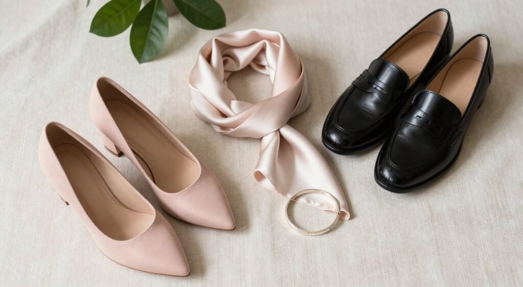 A stylish flat lay arrangement featuring elegant footwear that enhances any outfit. In the foreground, a pair of chic, pointed-toe heels in a sophisticated blush pink, adorned with subtle embellishments, and a classic pair of black loafers with a polished finish. In the middle, a delicate silk scarf drapes elegantly alongside a simple silver bracelet, complementing the shoes. The background includes a soft, neutral-toned fabric that adds warmth and texture, with a hint of a lush green plant peeking in for a refreshing touch. The lighting is soft and diffused, casting gentle shadows, creating an inviting atmosphere. Capture from a top-down angle, focusing on the harmony of colors and textures, conveying a sense of elegance and affordability.