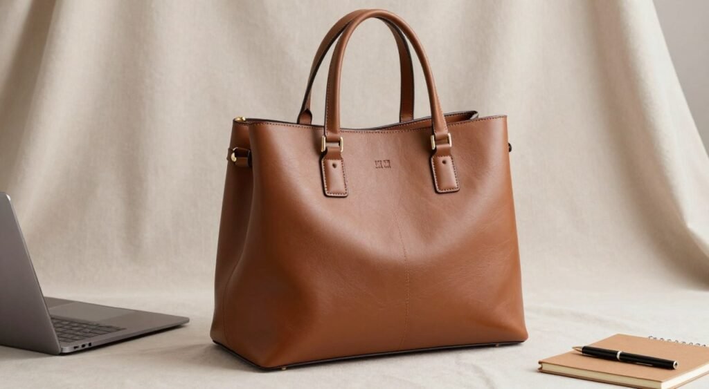 A stylish leather tote bag sits prominently in the foreground, showcasing its elegant design and rich texture. The bag is a warm brown color, featuring clean lines, sturdy handles, and a subtle logo embossed on one side. The middle layer of the image presents a plush fabric background in soft neutral tones to enhance the focus on the tote. Scattered around the bag are a few essential items like a sleek laptop, a fashionable notebook, and a set of chic pens, emphasizing functionality and style. The lighting is soft and natural, casting gentle shadows that highlight the bag's contours. The overall mood is sophisticated and inviting, making it a perfect representation of a quality tote bag. The angle captures the bag slightly tilted, offering depth and dimension to the composition.