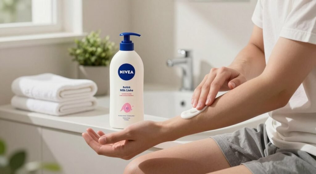 A well-lit bathroom scene showcasing the application of Nivea Milk Body Lotion. In the foreground, a person dressed in modest casual clothing, such as a comfortable t-shirt and shorts, is gently massaging the lotion into their skin on their arm. The middle layer features an open, stylishly designed Nivea Milk Body Lotion bottle, with a small amount of lotion on the palm of the person’s hand. The background includes soft, calming colors with a neatly organized countertop featuring fresh towels and small plants, creating a relaxing atmosphere. Natural light filters through a window, casting soft shadows, while the camera angle captures the action closely, emphasizing the moisturizing application process. The overall mood is serene and informative, ideal for an instructional context.