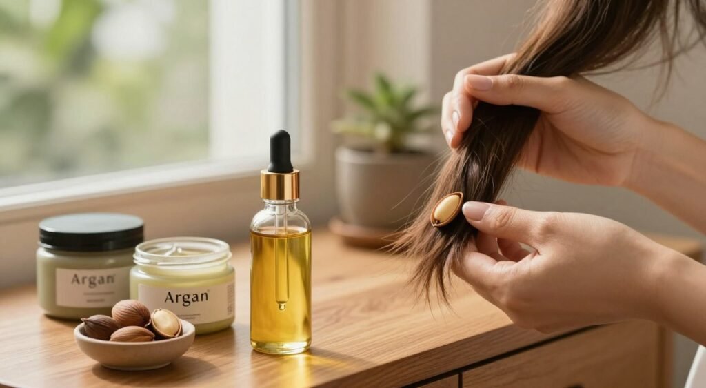 A well-lit, inviting scene showcasing the use of Argan oil for hair and skin care. In the foreground, a glass dropper bottle of Argan oil sits elegantly on a wooden vanity. Next to it, an open jar of hair mask and a small bowl containing organic Argan nuts. The middle ground features a pair of hands with neatly manicured nails gently applying the oil to a strand of healthy, shiny hair. The background shows soft-focus greenery and a window with natural light streaming in, creating a serene and calming atmosphere. The mood is warm and inviting, emphasizing natural beauty and self-care. Capture this scene from a slightly elevated angle to highlight the textures and products used in this beauty ritual.