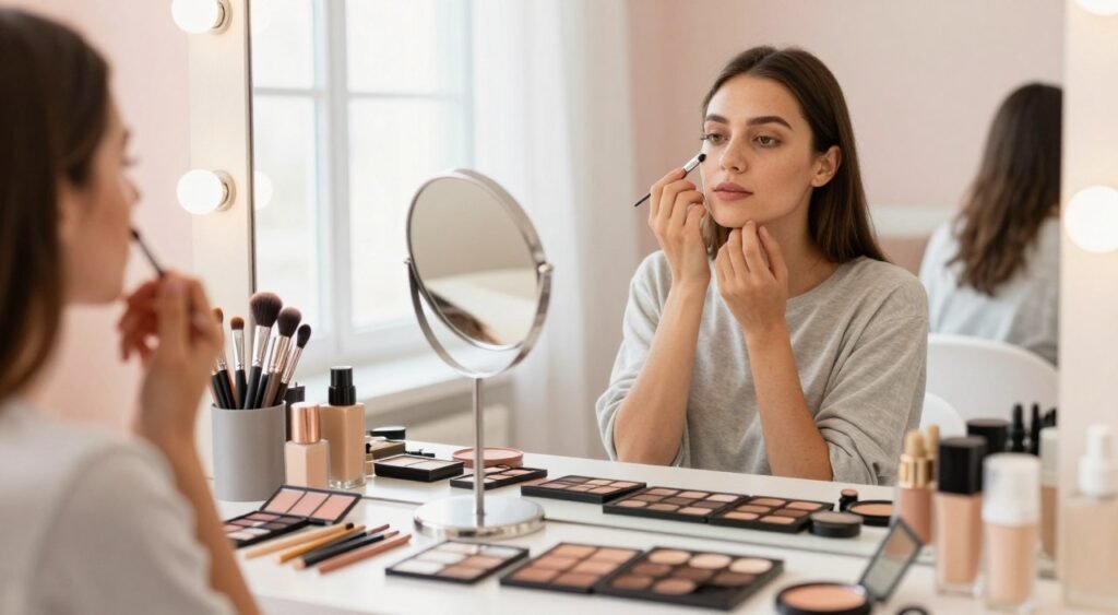 A well-organized makeup tutorial scene for beginners, showcasing a diverse array of both cosmetics tools and application techniques. In the foreground, a neatly arranged set of makeup brushes, eyeshadow palettes, and foundation bottles on a clean vanity table. In the middle, a woman in modest casual attire, demonstrating makeup application on her own face using a mirror, highlighting her focused expression. The background features soft pastel colors, with subtle lighting creating a warm and inviting atmosphere. The scene is framed to capture the essence of a learning environment, emphasizing clarity and accessibility for novice makeup users. Use natural light to give a bright and airy feel, enhancing the tutorial aspect of the image.