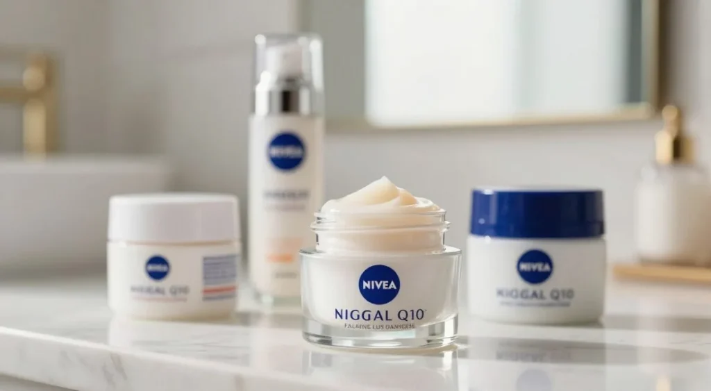 A sleek, modern eye cream product prominently displayed in focus at the foreground, showcasing the Nivea Q10 branding on the jar and packaging. The middle ground features a soft-focus arrangement of competing eye creams that represent similar products, creating a sense of comparison. In the background, a blurred, elegant bathroom setting with natural light streaming through a window, casting a gentle glow on the scene. The atmosphere is calm and refreshing, evoking a sense of skincare luxury. The image should capture the textures of the creams, highlighting their smooth consistency, with a subtle reflection on the surface they rest on. Use a macro lens effect to emphasize the details of the eye cream jar and create a professional and inviting mood. Creme para os Olhos NIVEA Q10: Vale a Pena? Review Completo