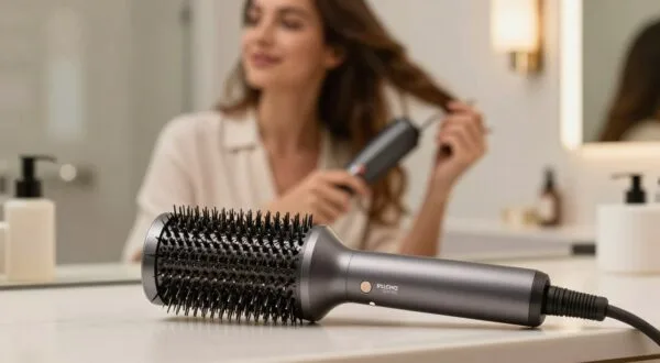A close-up image of the Philco Soft Brush hair dryer brush on a sleek, modern vanity. In the foreground, the brush should be prominently displayed, showcasing its bristles and rotating design in detail. The middle ground features a soft focus on a professional woman with modest casual clothing, using the brush with a satisfied expression as her hair is being styled. The background should be an inviting bathroom scene, with warm, soft lighting that highlights the elegant features of the brush and the woman's hair. The atmosphere is one of comfort and professionalism, reflecting the product's effectiveness and appeal. The image should convey a sense of daily beauty routine, without any text or distractions. Escova Secadora Philco Soft Brush é Boa? Review Completo em 2026