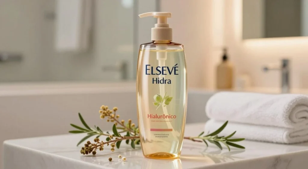 A serene bathroom scene featuring a stylish glass bottle of Elseve Hidra Hialurônico shampoo prominently displayed in the foreground. The bottle should be elegantly designed, with soft reflections of light capturing its transparent and vibrant colors. In the middle ground, delicate sprigs of hydrating ingredients like hyaluronic acid and plant extracts are artistically arranged, enhancing the theme of beauty care. The background sets a tranquil atmosphere, showcasing blurred elements like a fluffy white towel and a soft-focus mirror reflecting warm, ambient lighting. The overall mood is luxurious and inviting, suggesting hydration and nourishment for hair. The scene is well-lit, with a soft, diffused glow, evoking feelings of wellness and self-care. Shampoo Elseve Hidra Hialurônico Vale a Pena? Guia Honesto da Linha em 2026