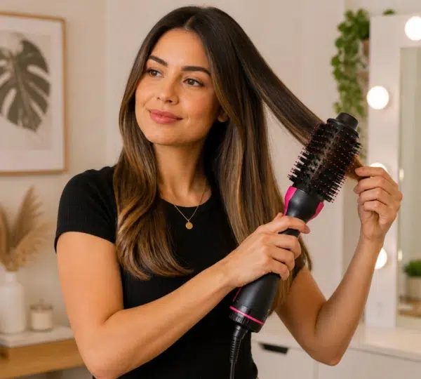 A close-up of the Philco Soft Brush hair dryer, elegantly displayed on a sleek electronic support tablet showcasing warranty information. The foreground features the brush with its unique bristles and ergonomic handle, highlighting its design and functionality. In the middle ground, the tablet screen glows softly, displaying a detailed warranty icon and technical support hotline, symbolizing reliable service. The background is softly blurred, featuring a modern, minimalistic home setting with subtle lighting to create a warm, professional atmosphere. The image should reflect a sense of trust and quality, capturing the essence of customer support. Use natural lighting with a focus on clarity, ensuring the image conveys a seamless and reassuring experience for users. Escova Secadora Philco Soft Brush é Boa? Review Completo em 2026