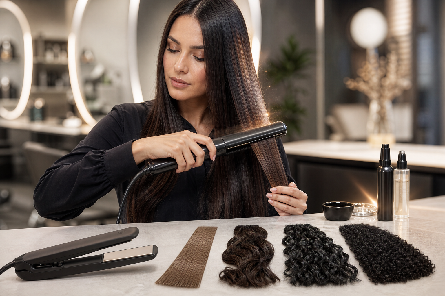 Mulher alisa o cabelo com uma chapinha; à frente, há amostras de cabelos lisos, ondulados e cacheados